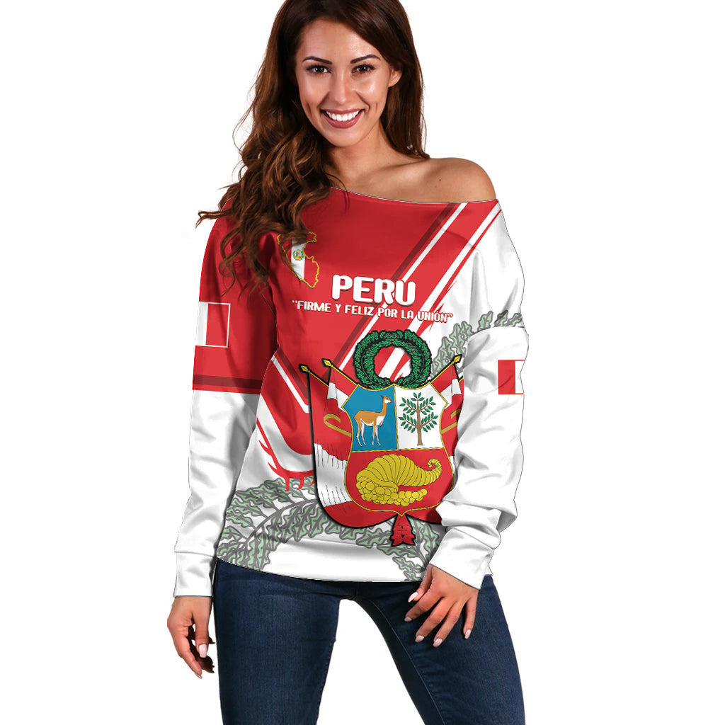 Peru Independence Day Off Shoulder Sweater Peruvian Coat Of Arms Feliz 28 de Julio - Wonder Print Shop