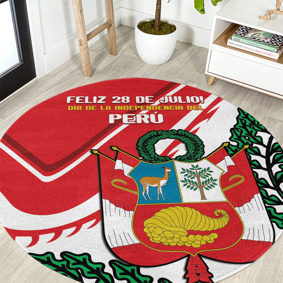 Red round decorative carpet with Peru coat of arms and “Feliz 28 de Julio” text