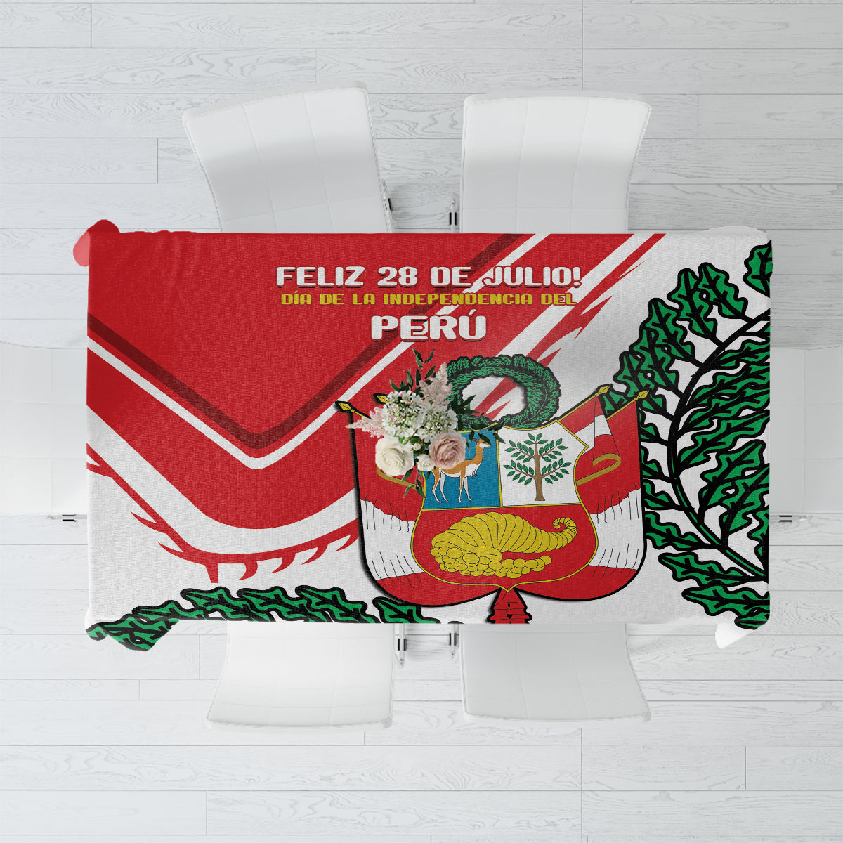 Peru Independence Day tablecloth with 'FELIZ 28 DE JULIO' and Peru coat of arms in red.
