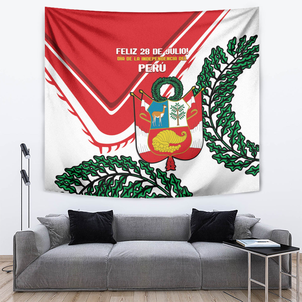 Peru independence day wall tapestry with red-and-white design and coat of arms crest