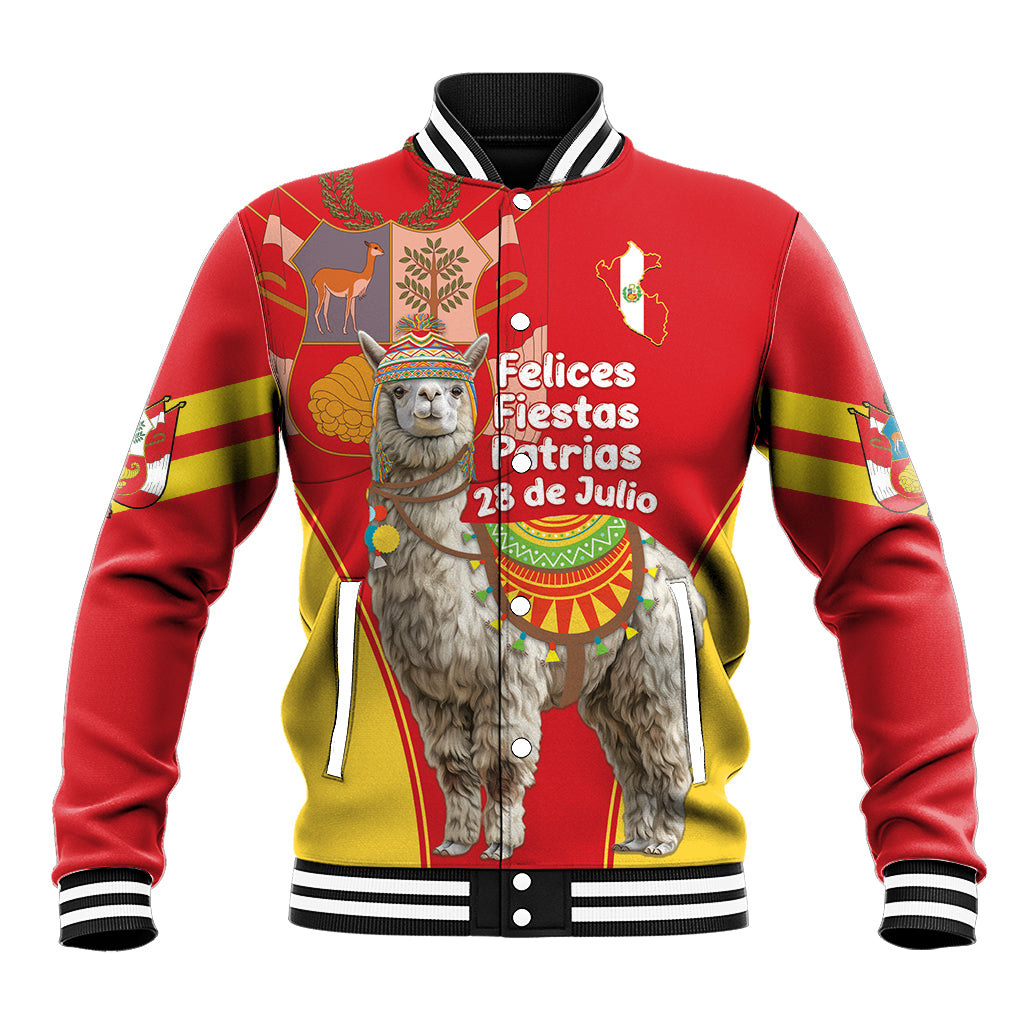 Red baseball jacket with striped collar and alpaca graphic front, button-up