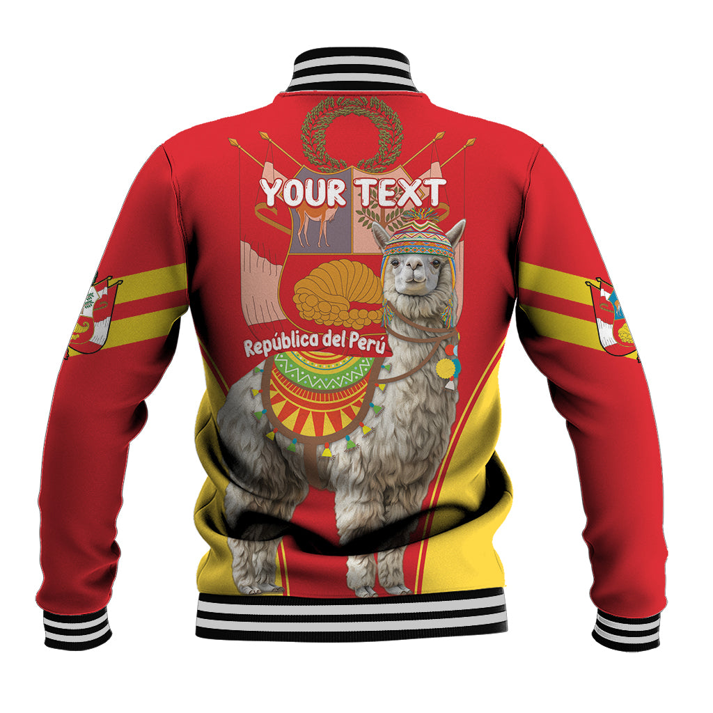 Red baseball jacket back with striped collar, alpaca graphic and decorative Peru flags
