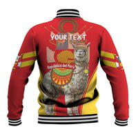 Red baseball jacket back with striped collar, alpaca graphic and decorative Peru flags