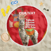 Red round beach blanket with white fringe, llama graphic and 'YOUR TEXT' personalization