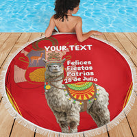 Red round beach blanket with white fringe, llama graphic and 'Felices Fiestas Patrias' text