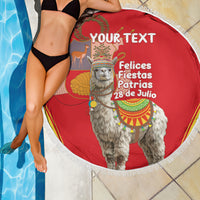 Red round beach blanket with white fringe, llama graphic and '28 de Julio' text near pool