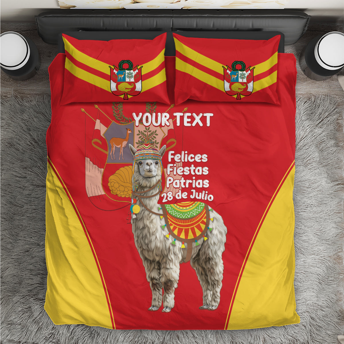 Red and yellow duvet cover set with 2 matching pillows featuring alpaca holiday artwork