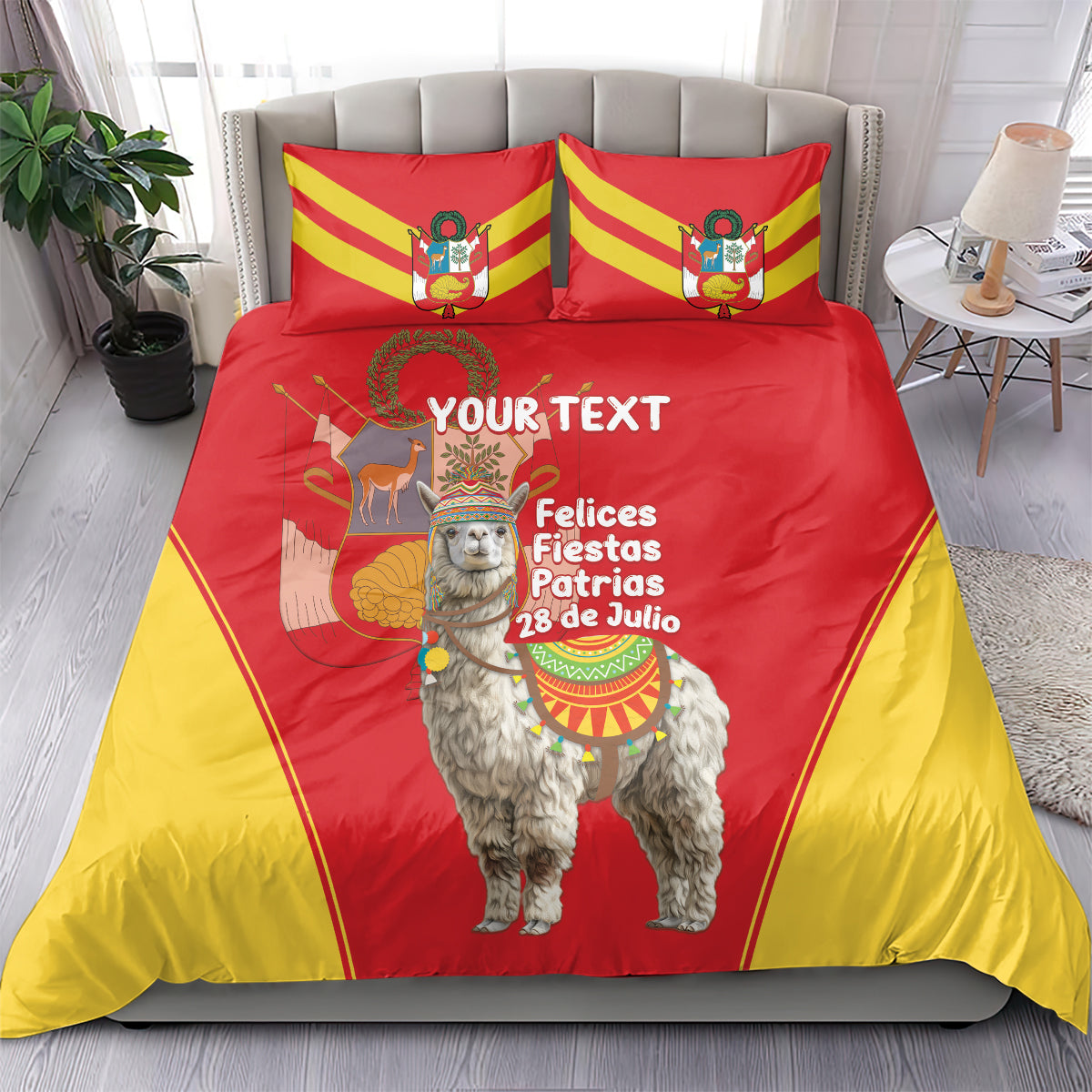 Red and yellow personalized duvet cover set with 2 pillows, alpaca Independence Day graphic