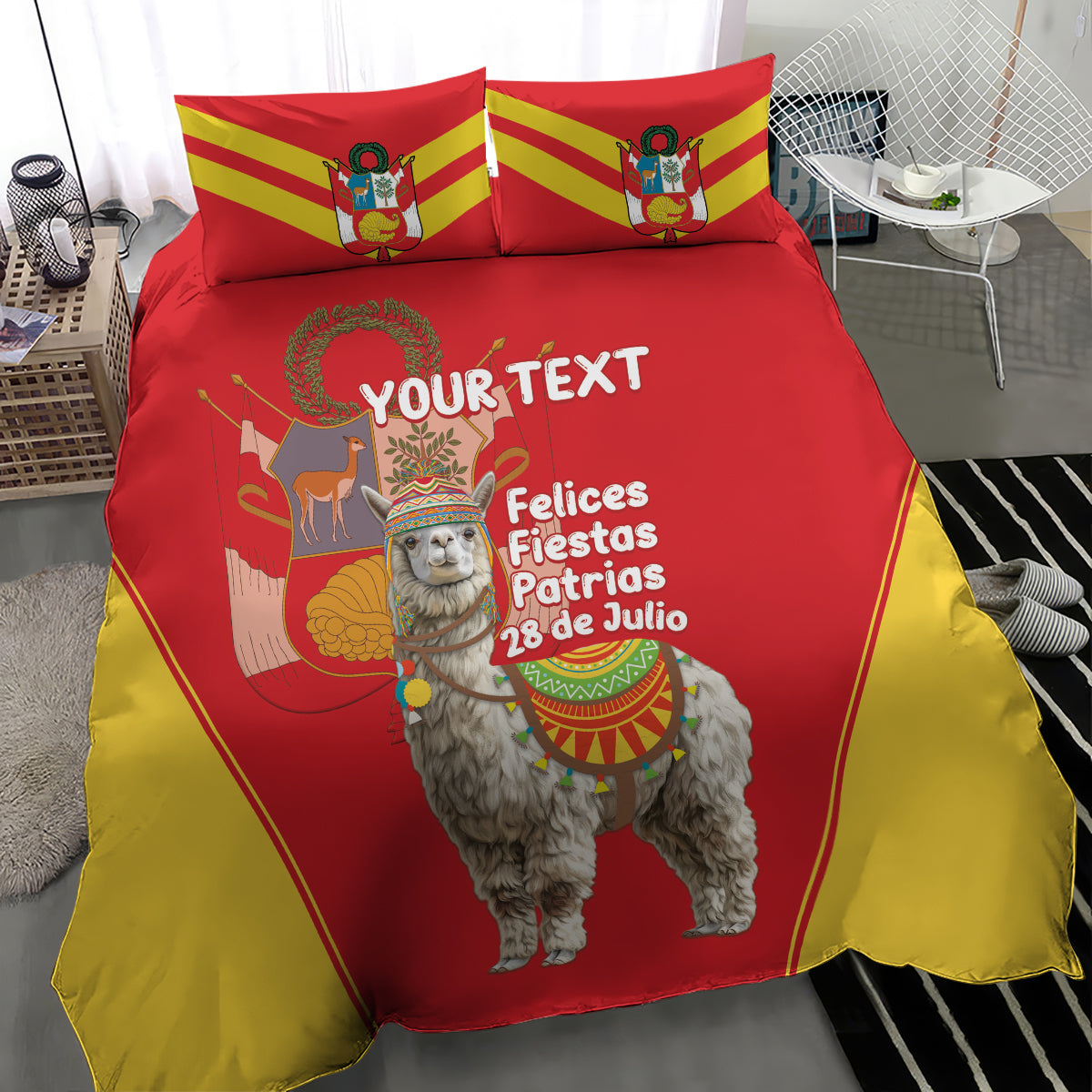 Red and yellow personalized duvet cover and 2 pillows with alpaca Independence Day print