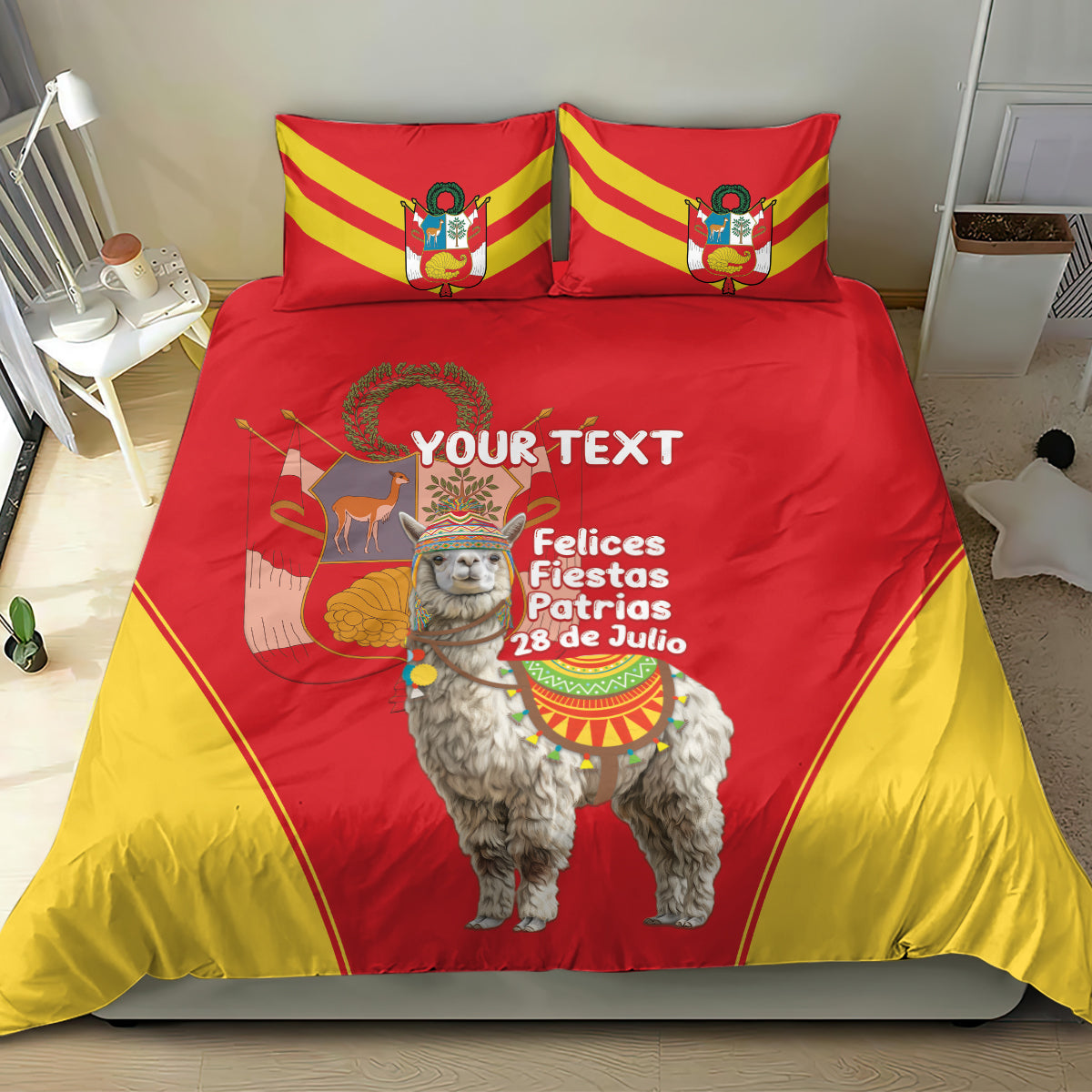 Red and yellow personalized bedding set with 2 pillows and alpaca Independence Day design