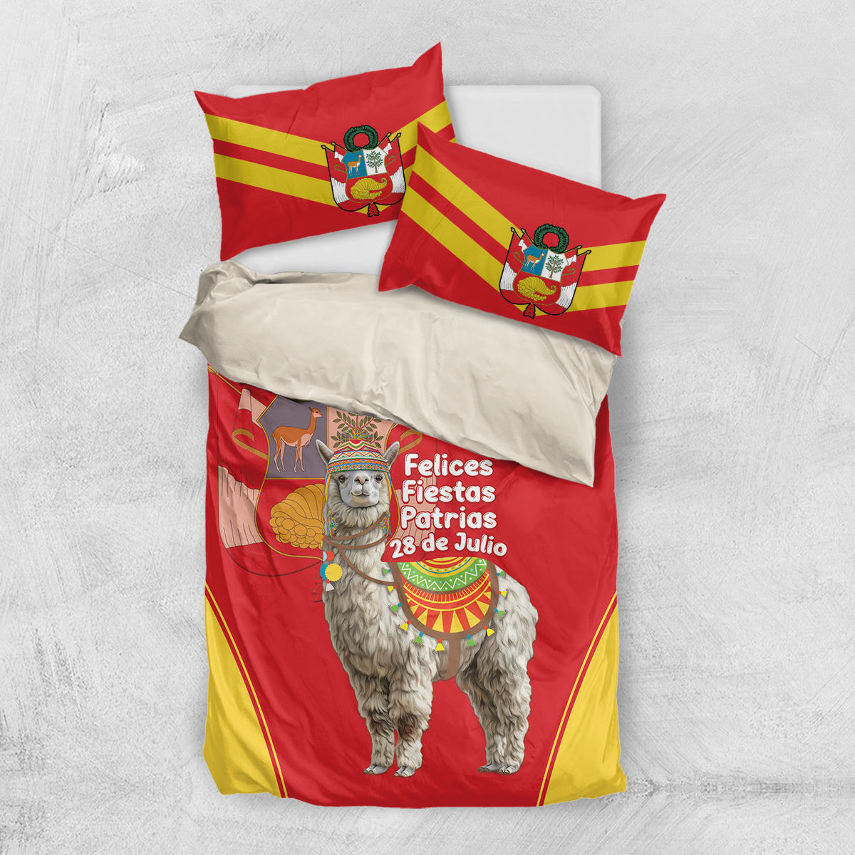 Red and yellow bedding set with two pillows and duvet featuring alpaca Independence Day graphic