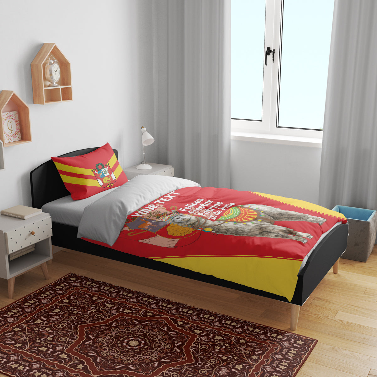 Red and yellow personalized duvet cover set on bed with alpaca Independence Day design
