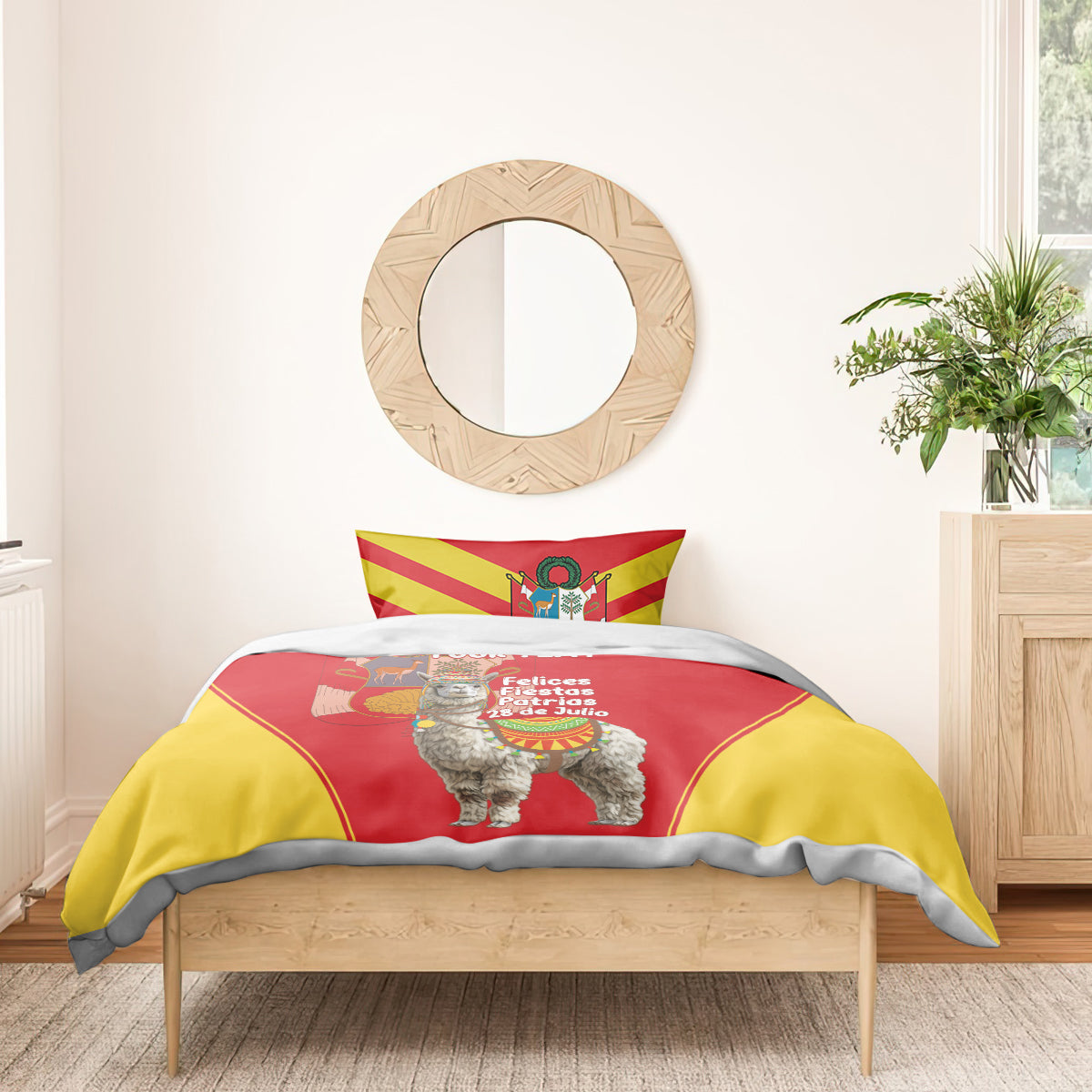 Red and yellow duvet cover with 2-tone alpaca Independence Day graphic and two pillows