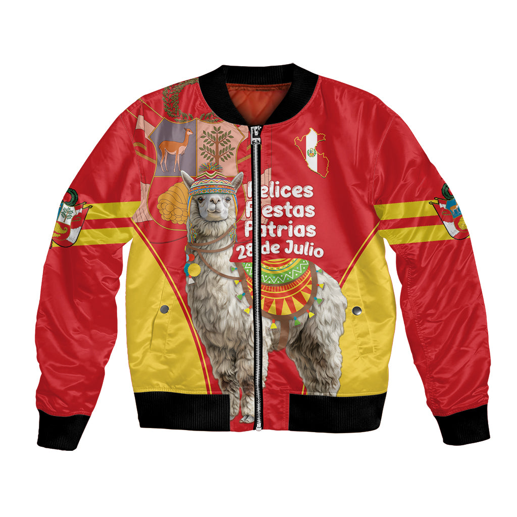 Red bomber jacket with alpaca front graphic, Peru flag stripes, zip and ribbed cuffs