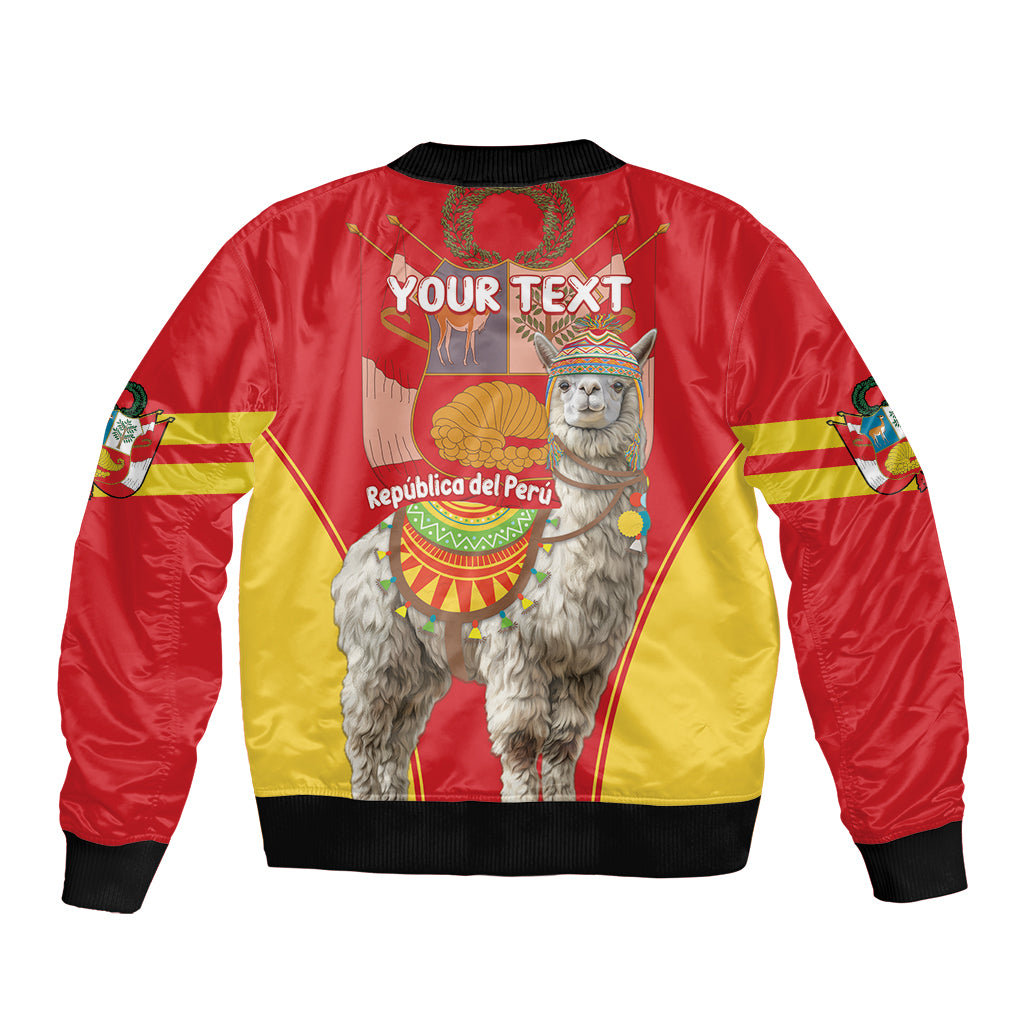 Red bomber jacket with alpaca back graphic and 'YOUR TEXT' print, zip and ribbed hem