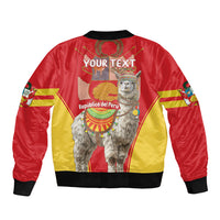 Red bomber jacket with alpaca back graphic and 'YOUR TEXT' print, zip and ribbed hem