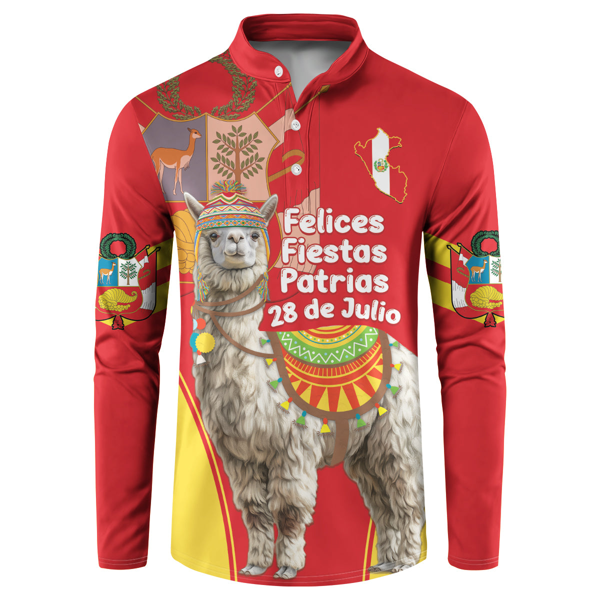Red button-front sweatshirt with alpaca Independence Day graphic, long sleeves