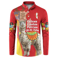 Red button-front sweatshirt with alpaca Independence Day graphic, long sleeves