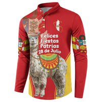 Red button-front sweatshirt with alpaca front graphic and colorful sleeve accents