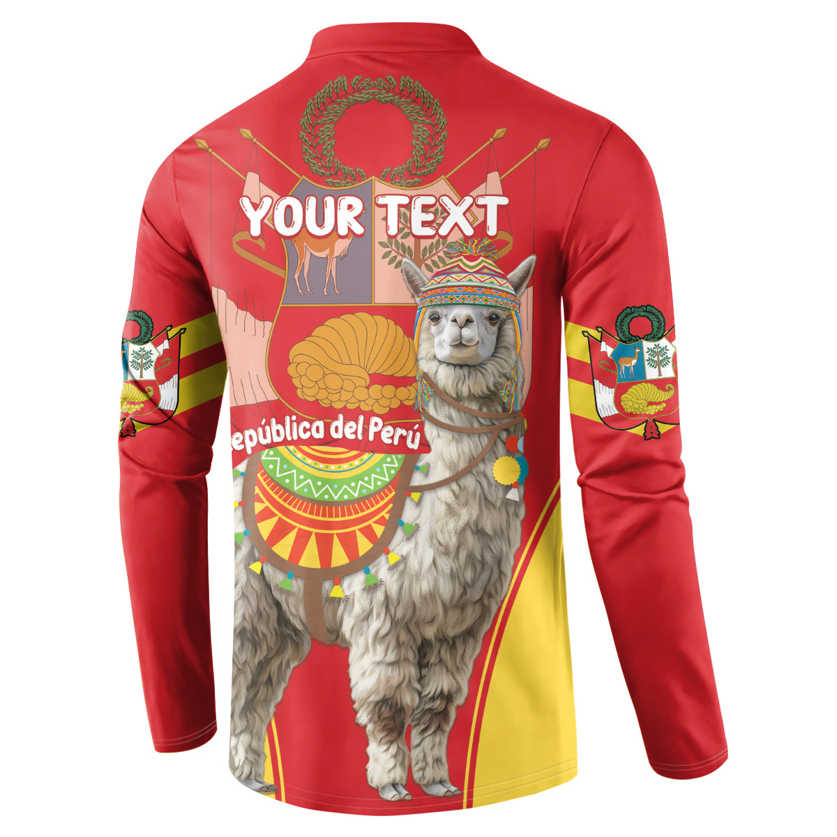 Red button-front sweatshirt back with alpaca graphic and “YOUR TEXT” placeholder