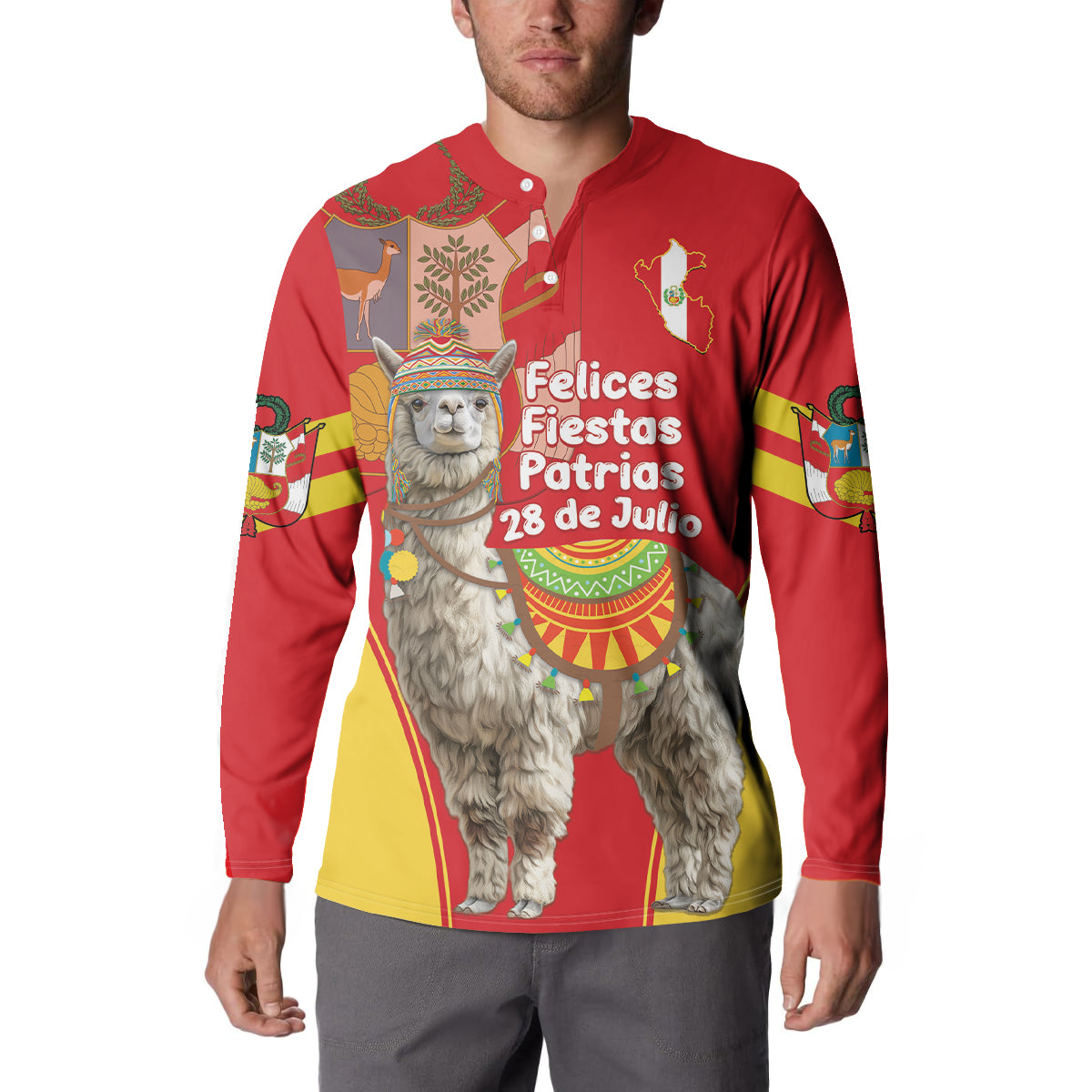 Red button-front sweatshirt worn by model, alpaca festival graphic, long sleeves