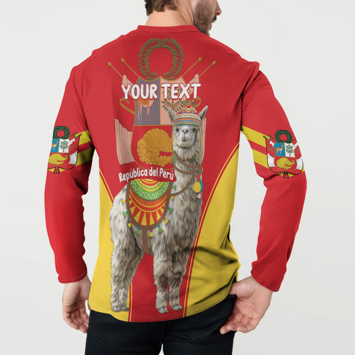 Red button-front sweatshirt worn by model, back shows alpaca and “YOUR TEXT” area