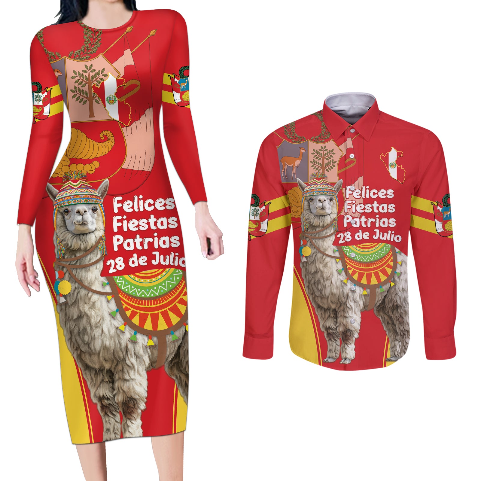 Personalised Peru Independence Day Couples Matching Long Sleeve Bodycon Dress and Long Sleeve Button Shirt Peruvian Alpaca Feliz 28 de Julio - Wonder Print Shop