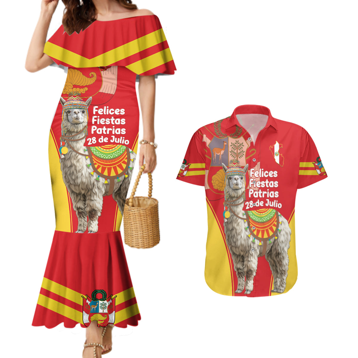 Personalised Peru Independence Day Couples Matching Mermaid Dress and Hawaiian Shirt Peruvian Alpaca Feliz 28 de Julio - Wonder Print Shop