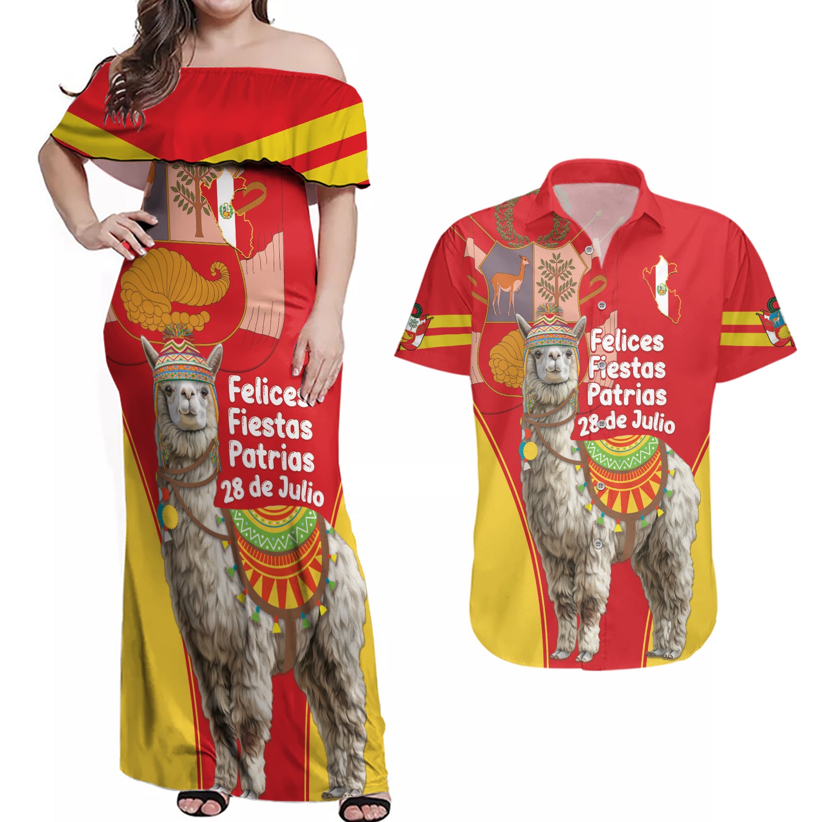 Personalised Peru Independence Day Couples Matching Off Shoulder Maxi Dress and Hawaiian Shirt Peruvian Alpaca Feliz 28 de Julio - Wonder Print Shop