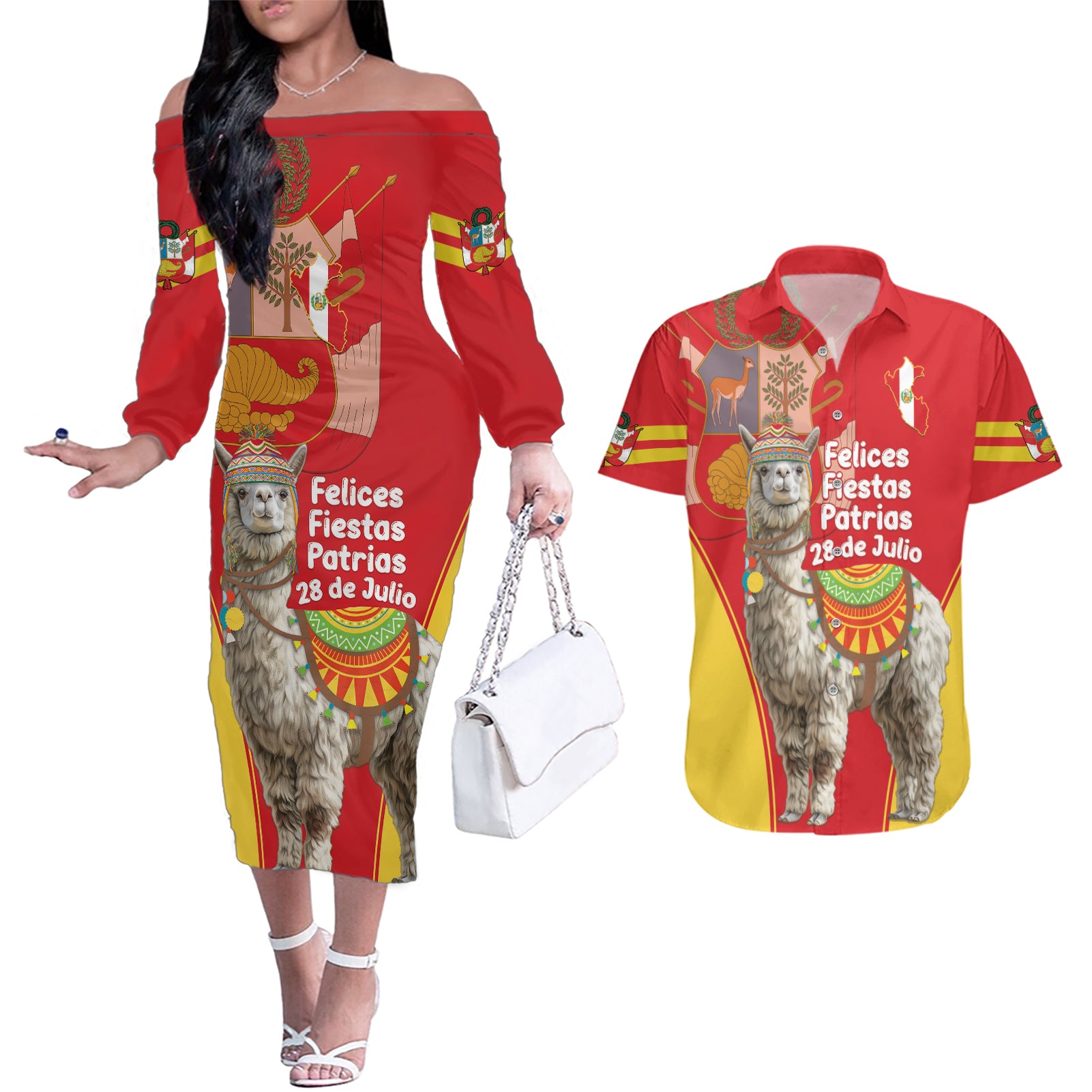 Personalised Peru Independence Day Couples Matching Off The Shoulder Long Sleeve Dress and Hawaiian Shirt Peruvian Alpaca Feliz 28 de Julio - Wonder Print Shop