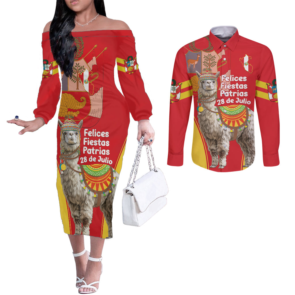 Personalised Peru Independence Day Couples Matching Off The Shoulder Long Sleeve Dress and Long Sleeve Button Shirt Peruvian Alpaca Feliz 28 de Julio