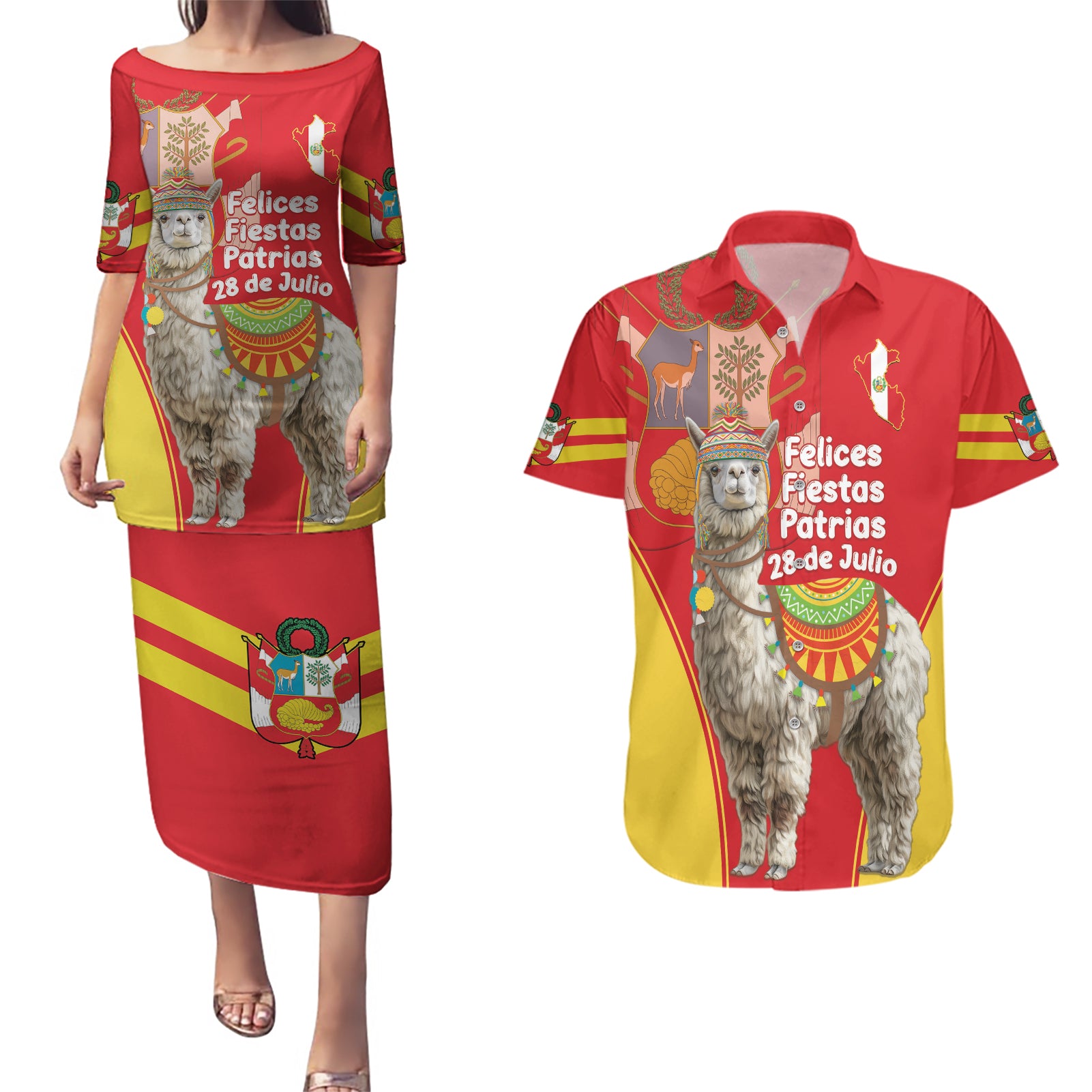 Personalised Peru Independence Day Couples Matching Puletasi and Hawaiian Shirt Peruvian Alpaca Feliz 28 de Julio - Wonder Print Shop