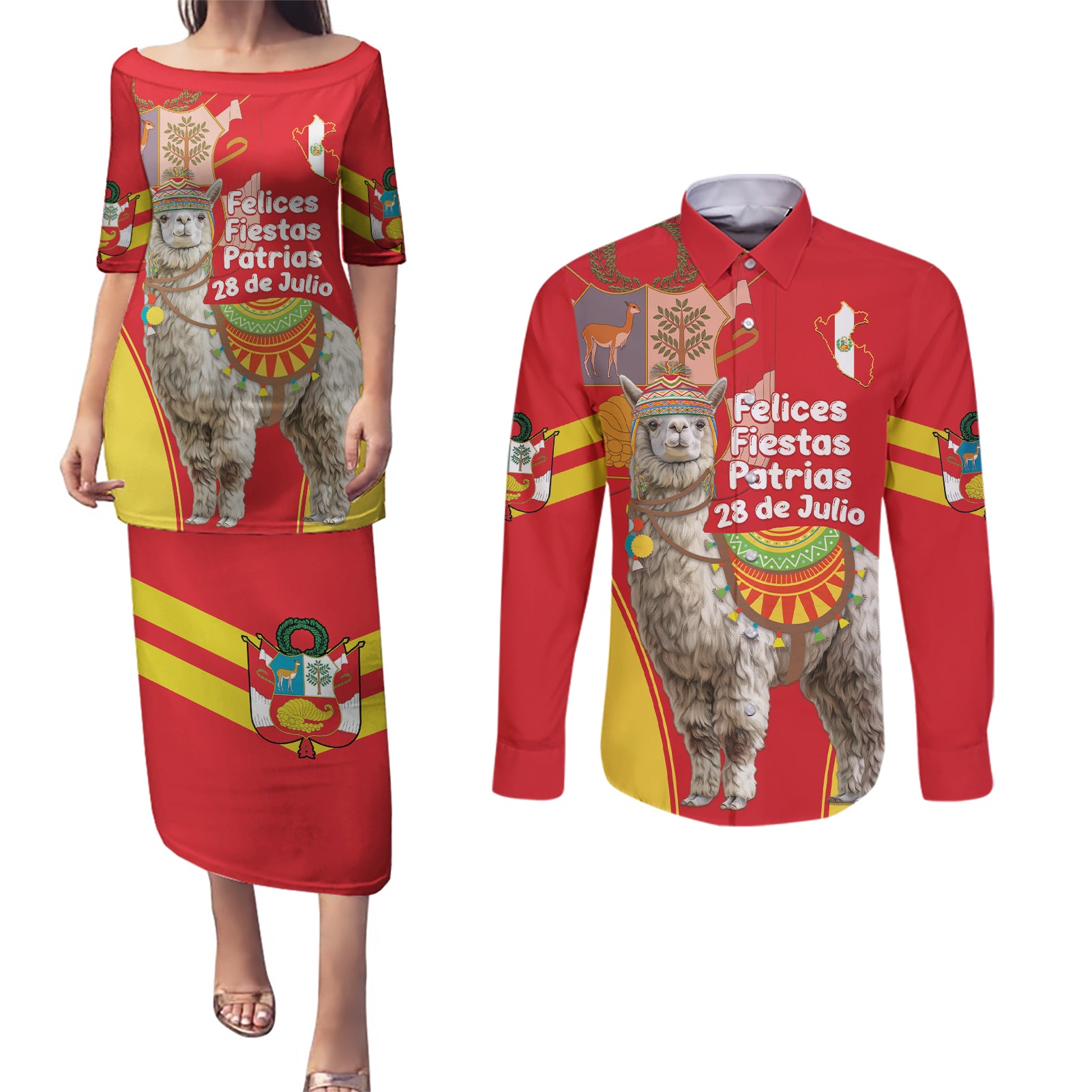 Personalised Peru Independence Day Couples Matching Puletasi and Long Sleeve Button Shirt Peruvian Alpaca Feliz 28 de Julio - Wonder Print Shop