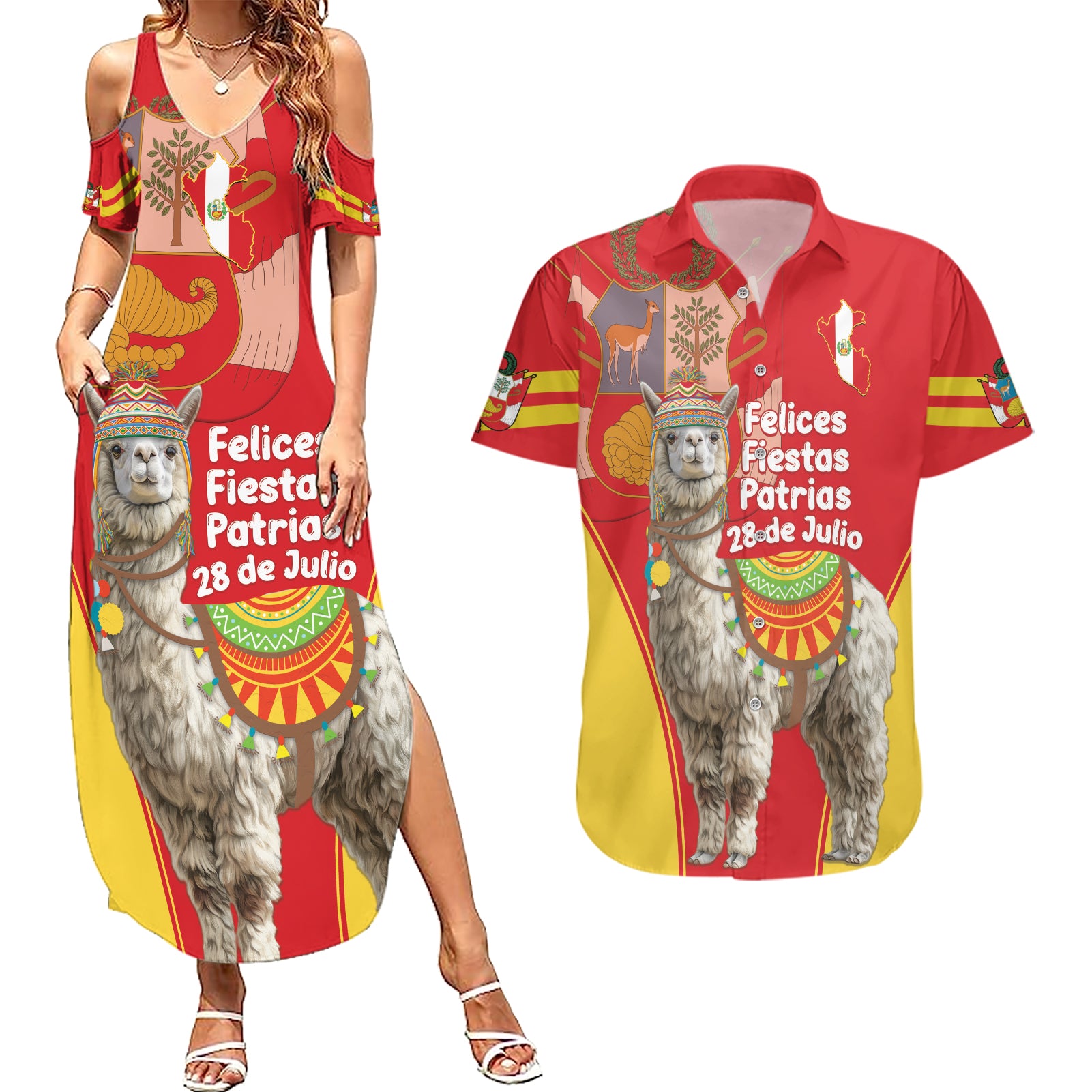 Personalised Peru Independence Day Couples Matching Summer Maxi Dress and Hawaiian Shirt Peruvian Alpaca Feliz 28 de Julio - Wonder Print Shop