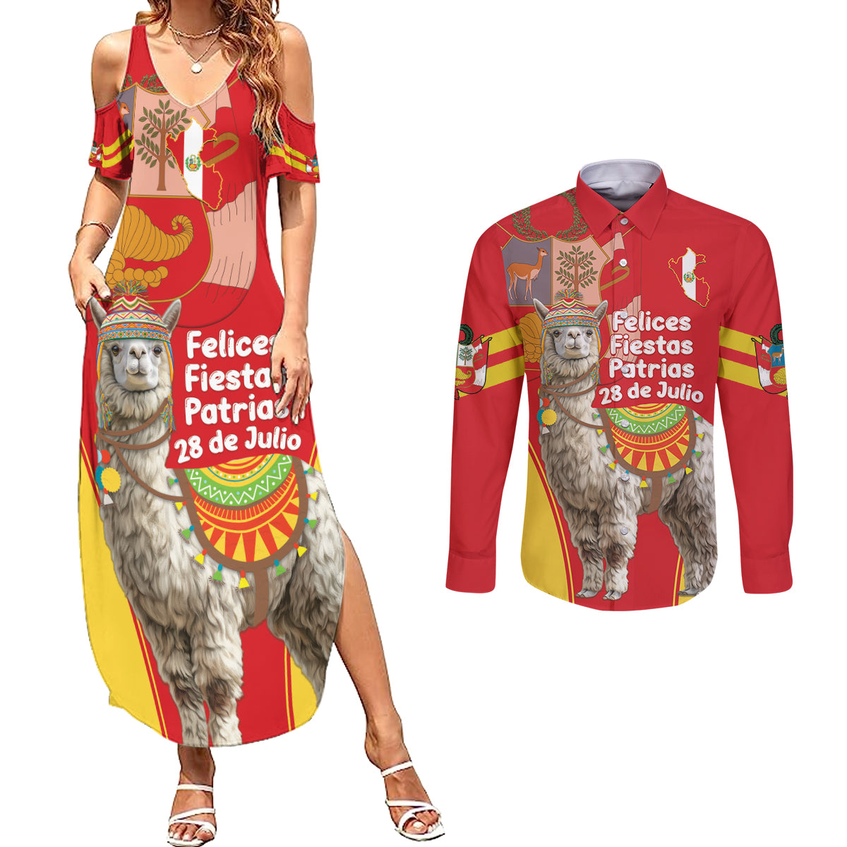 Personalised Peru Independence Day Couples Matching Summer Maxi Dress and Long Sleeve Button Shirt Peruvian Alpaca Feliz 28 de Julio - Wonder Print Shop