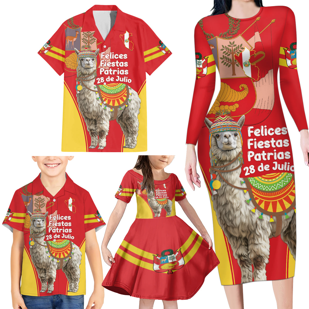 Personalised Peru Independence Day Family Matching Long Sleeve Bodycon Dress and Hawaiian Shirt Peruvian Alpaca Feliz 28 de Julio - Wonder Print Shop