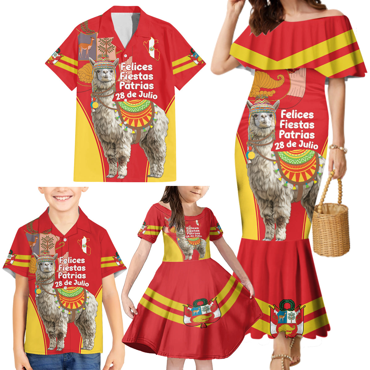 Personalised Peru Independence Day Family Matching Mermaid Dress and Hawaiian Shirt Peruvian Alpaca Feliz 28 de Julio - Wonder Print Shop