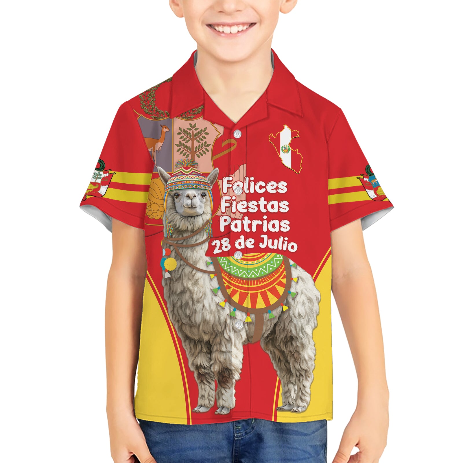 Personalised Peru Independence Day Kid Hawaiian Shirt Peruvian Alpaca Feliz 28 de Julio - Wonder Print Shop