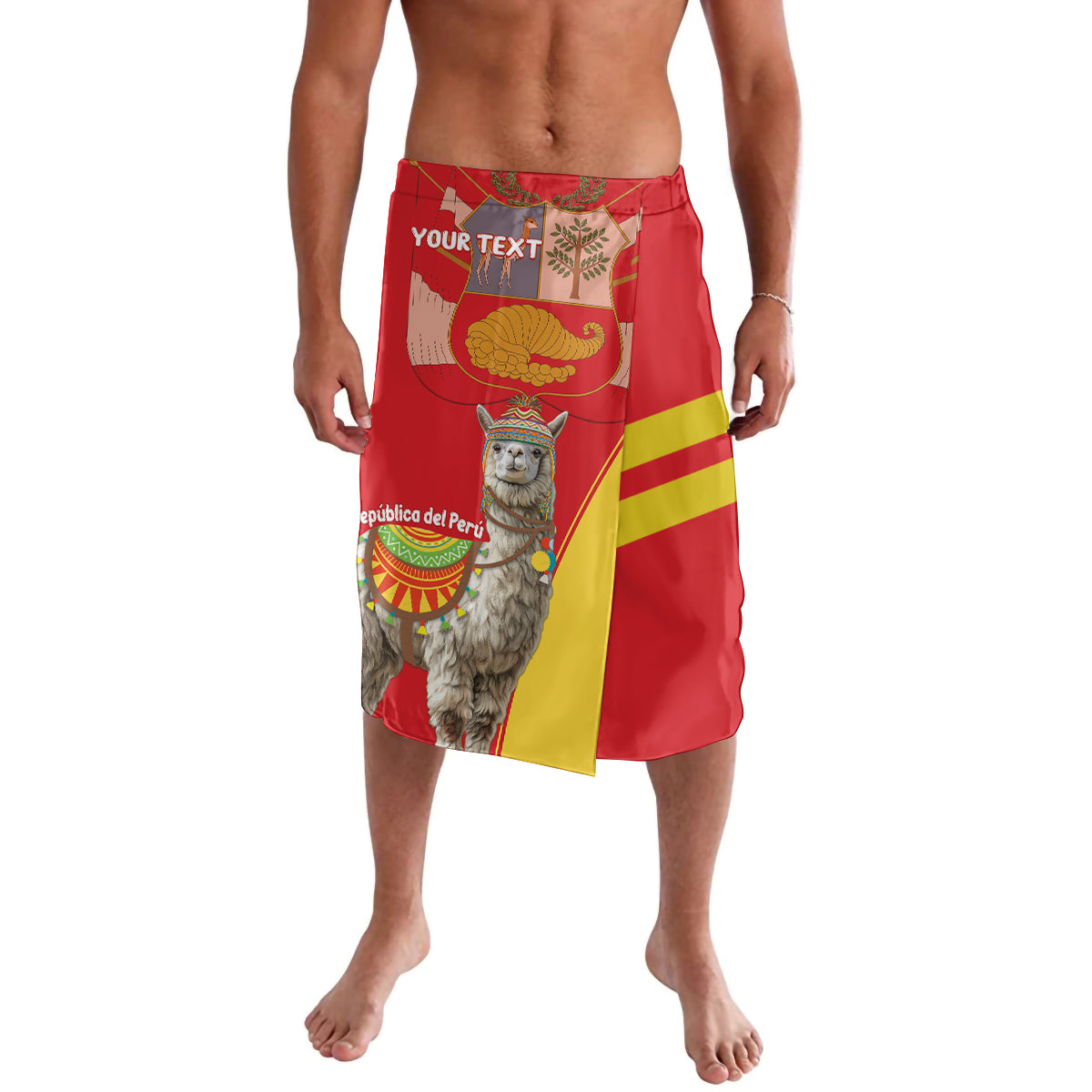 Red Peru Independence Day lavalava skirt with eagle emblem and custom text panel