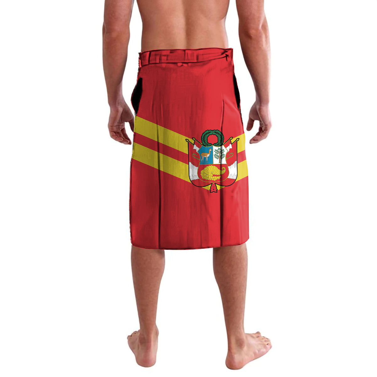 Red lavalava sarong with Peru flag stripe design and coat-of-arms emblem