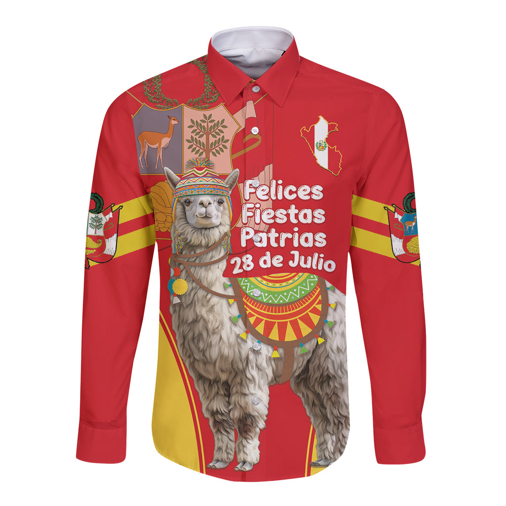 Red long-sleeve button shirt with llama graphic and Feliz 28 de Julio text