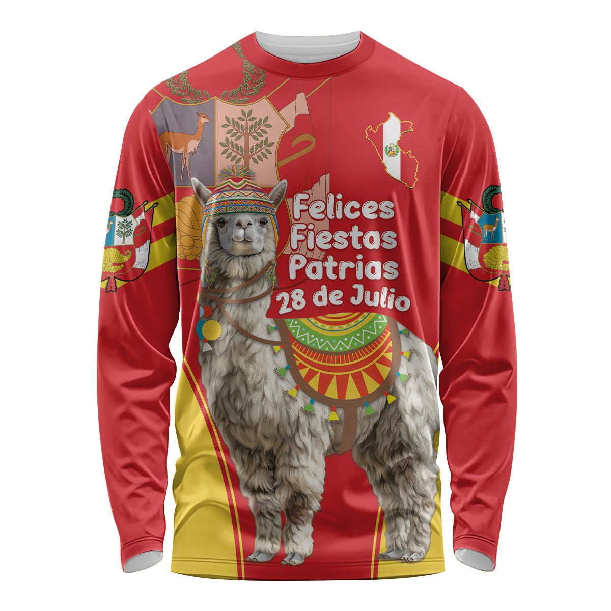 Red long-sleeve shirt with alpaca graphic and festive Peru Independence text