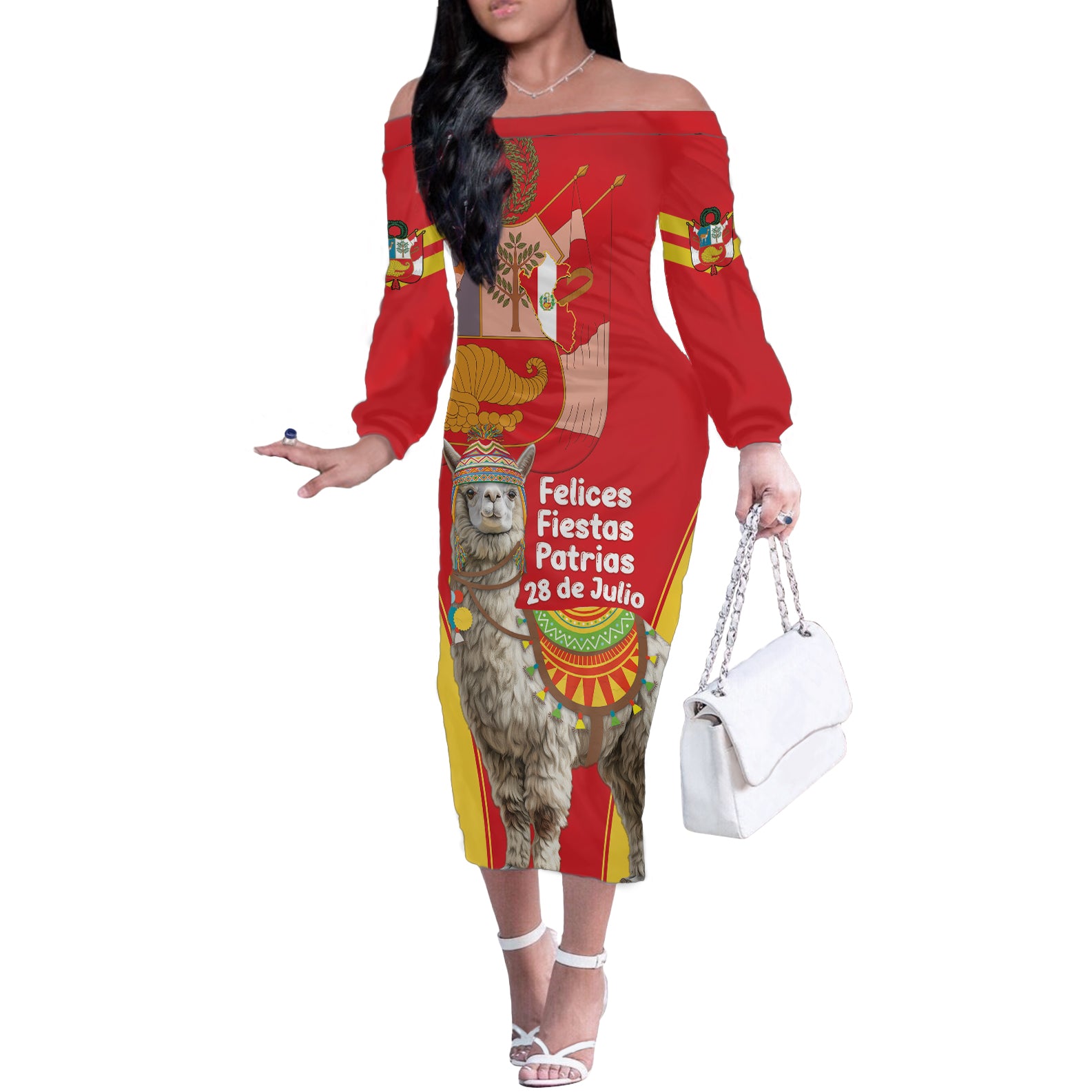 Personalised Peru Independence Day Off The Shoulder Long Sleeve Dress Peruvian Alpaca Feliz 28 de Julio - Wonder Print Shop