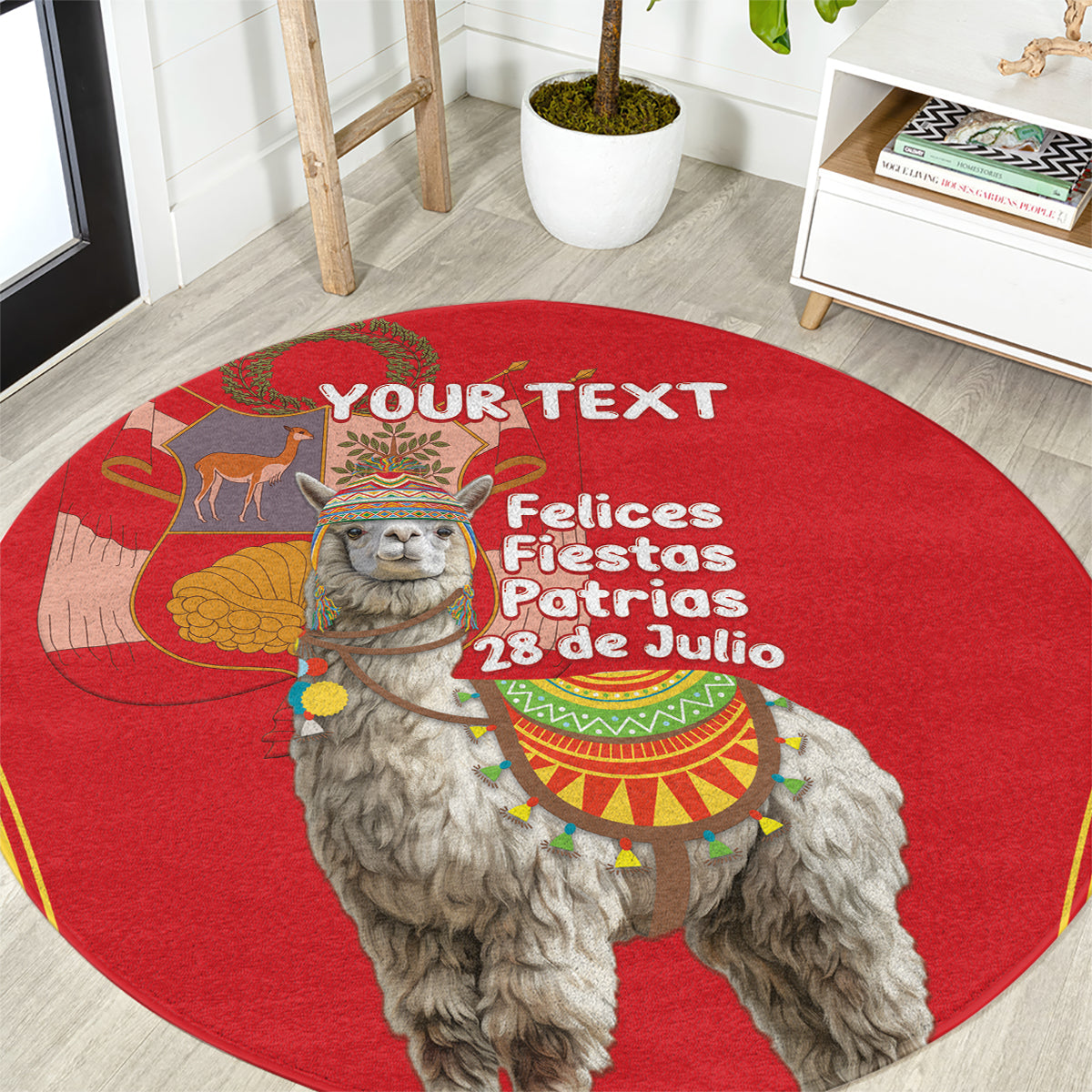 Red round alpaca graphic rug with custom text and “28 de Julio”