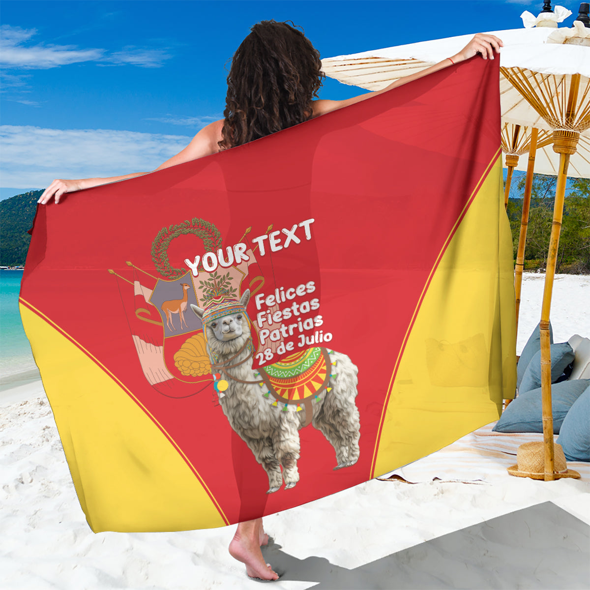 Red and yellow alpaca sarong panel with 'Your Text' and festive wording