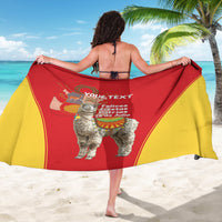 Red and yellow alpaca sarong draped over shoulders, centered 'Your Text' graphic