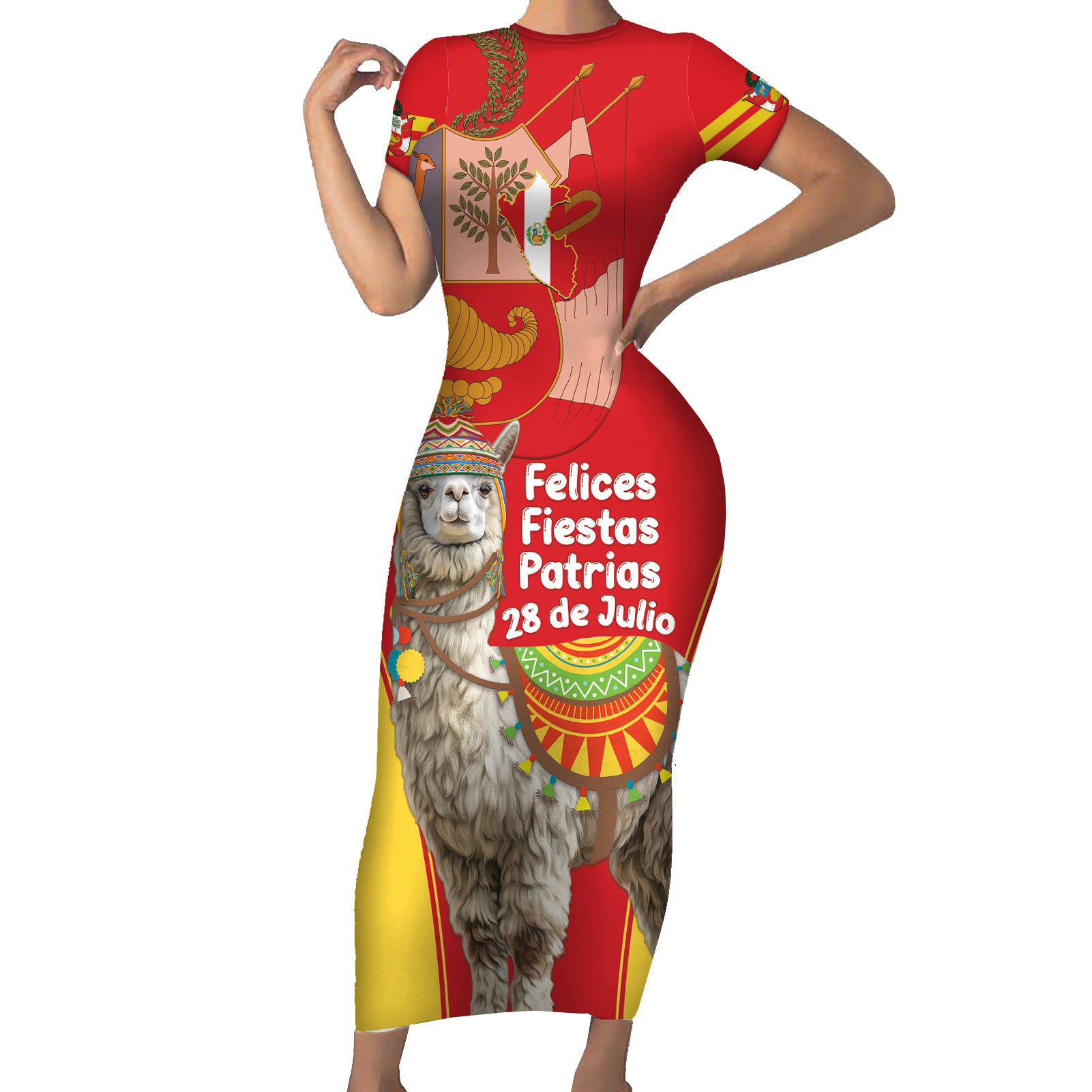 Personalised Peru Independence Day Short Sleeve Bodycon Dress Peruvian Alpaca Feliz 28 de Julio - Wonder Print Shop