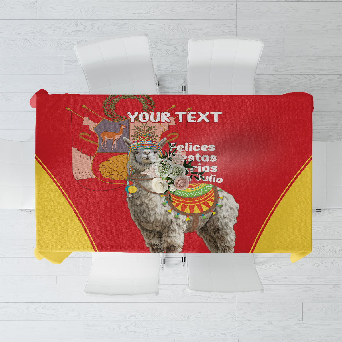 Red and yellow Peru alpaca themed tablecloth with personalized central graphic and border