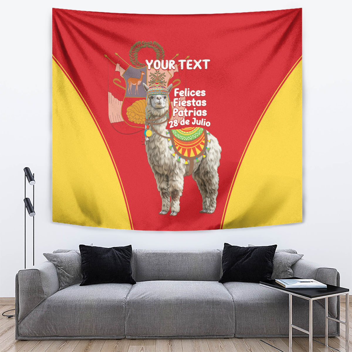 Red and yellow Peru Independence Day tapestry, costumed alpaca with custom text