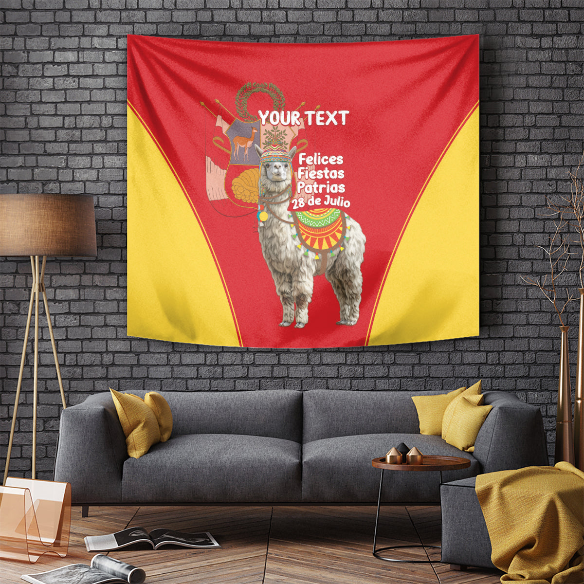 Red and yellow Peru Independence Day tapestry with costumed alpaca and custom text